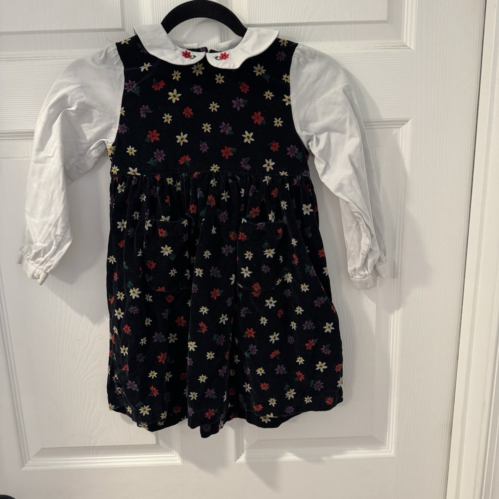 Osh Kosh B'Gosh Sz 6 Corduroy‎ Jumper Dress 100% Cotton USA Black White Floral